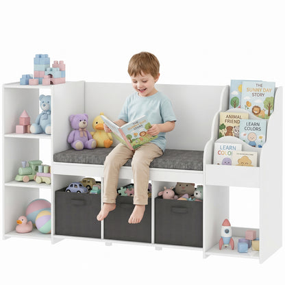 Qaba Kids Storage Shelf with Reading Nook, Toy Storage Organizer with Seat Cushion, 3 Fabric Drawers for Playroom, Nurse