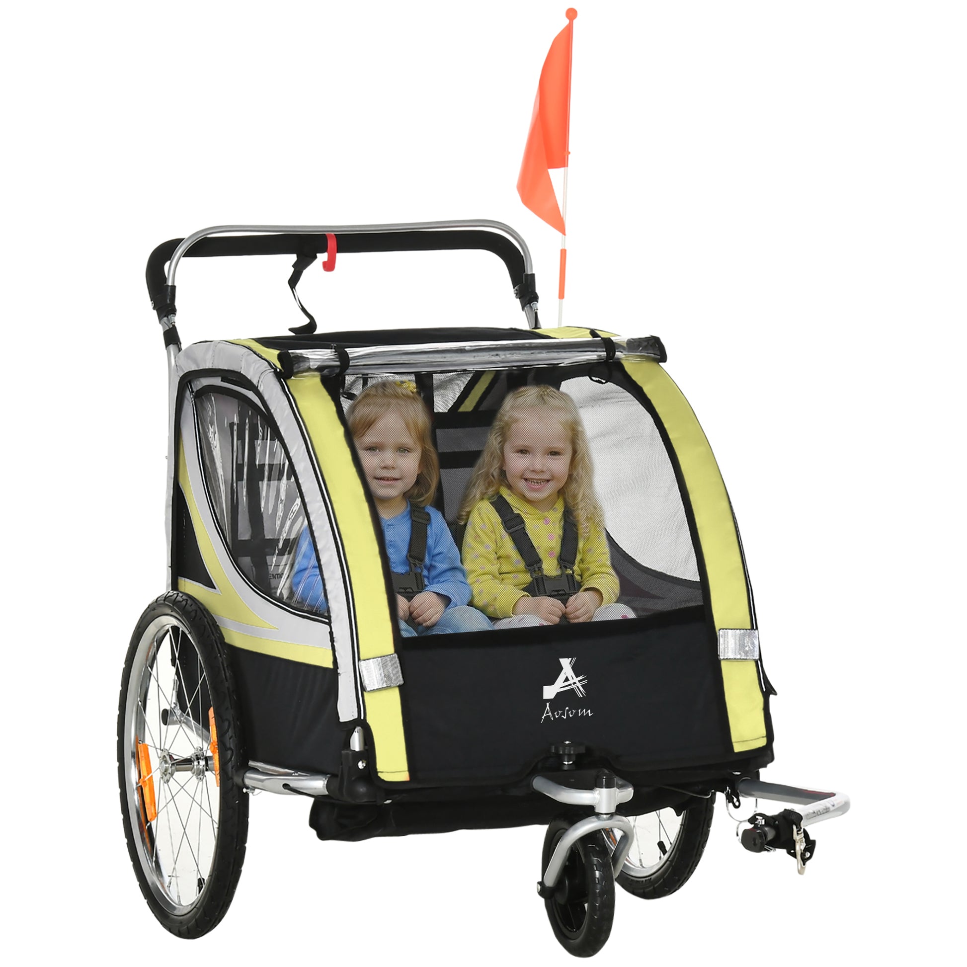 VarietyKart 2 Seat Bike Trailer for Kids 2-in-1 Double Baby Stroller with Handbrake, Rubber Wheels, 5 Point Harness, Wat