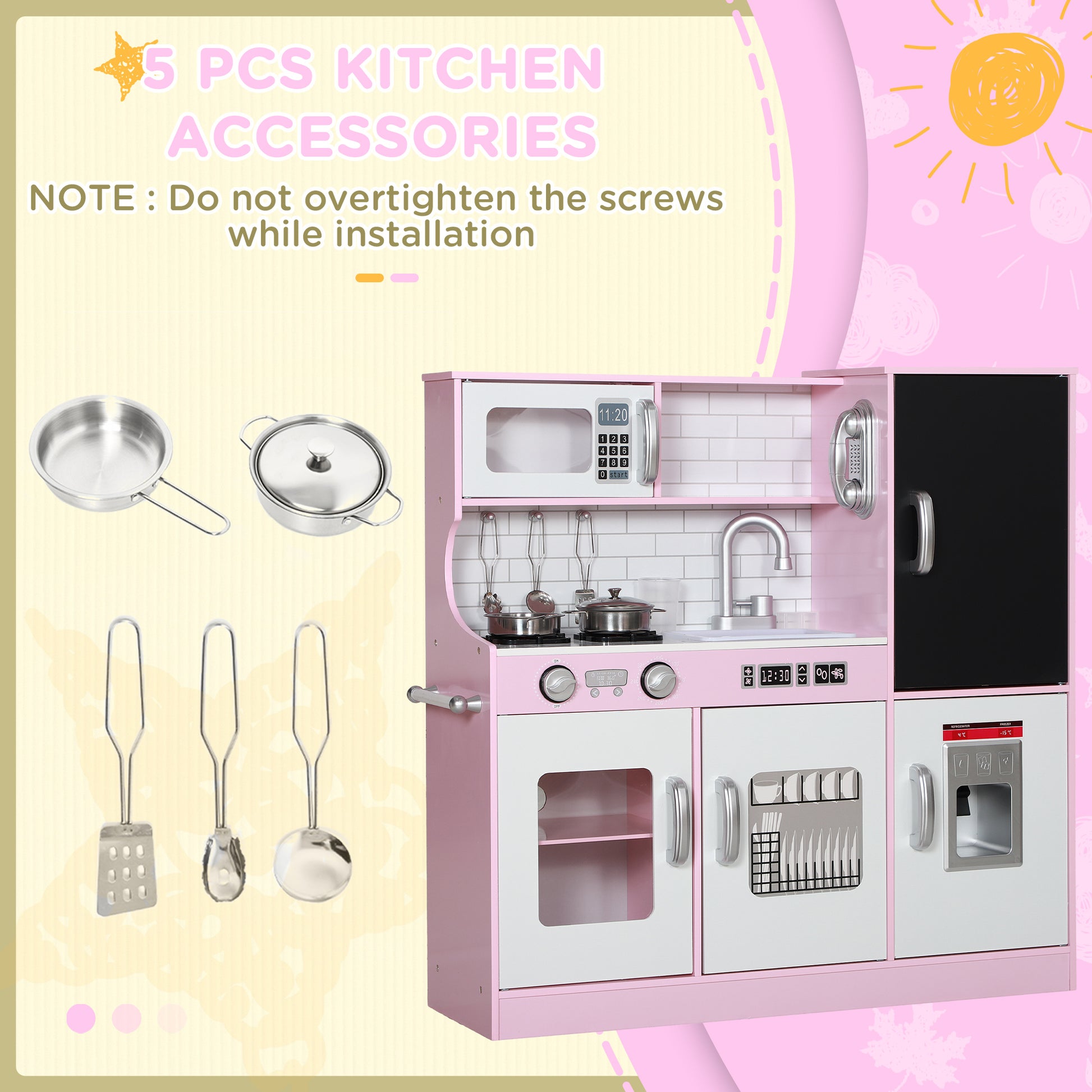 Qaba Play Kitchen for Kids, Kids Kitchen Playset w/ Chalkboard, Ice Maker, Play Phone, Sink, Microwave