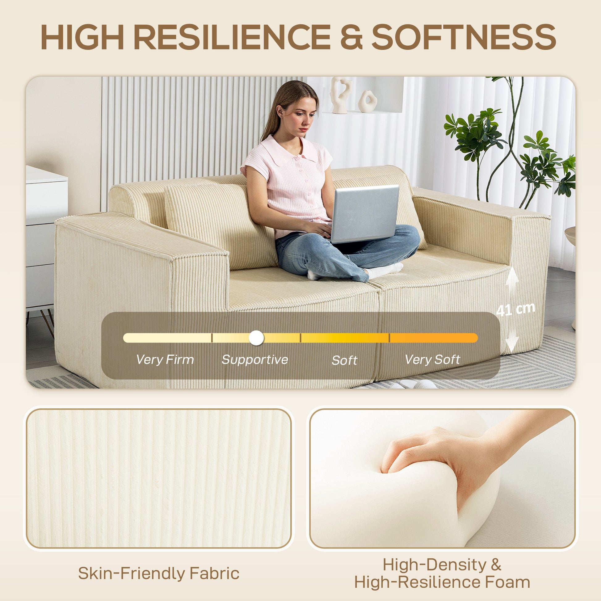 Boneless Couch, Corduroy 3 Seater Sofa with Deep Seat, Wide Armrests, 2 Pillows, Quick Assembly for Living Room, Beige