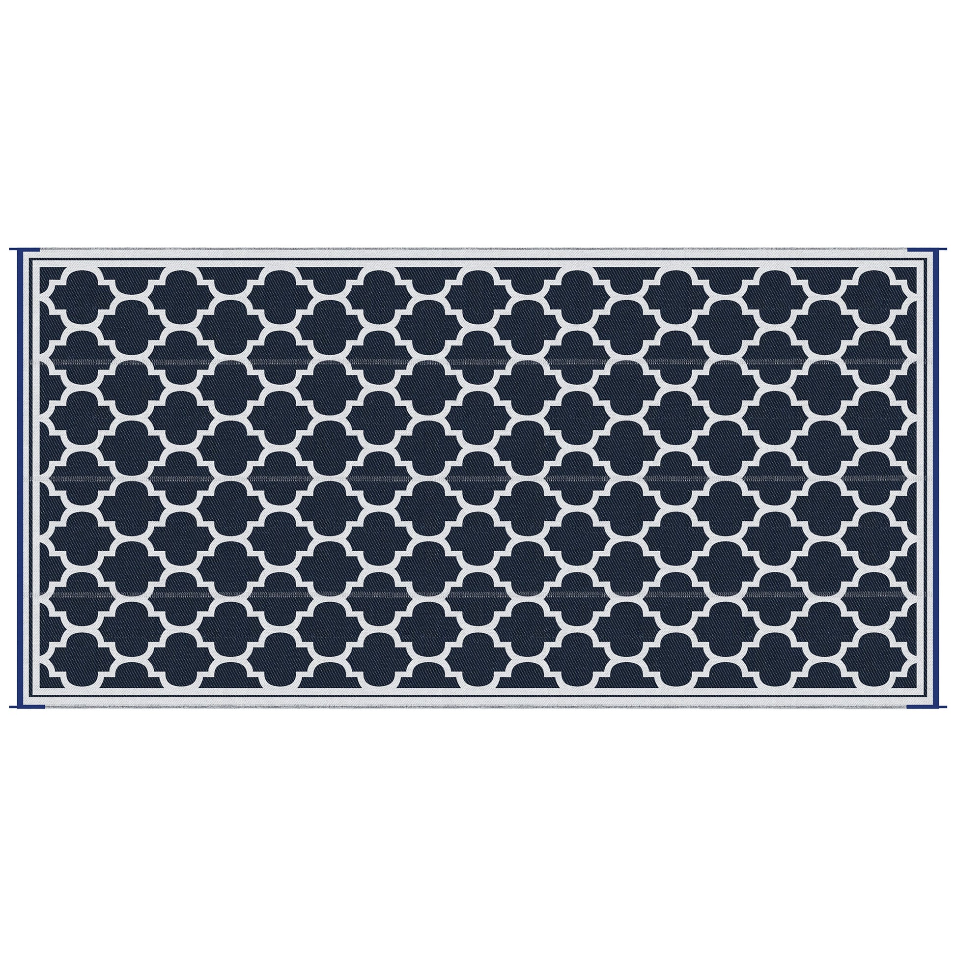 Reversible Outdoor RV Rug, 9' x 18' Patio Floor Mat, Plastic Straw Rug, Dark Blue and White