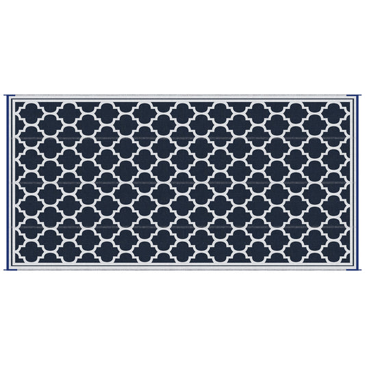 Reversible Outdoor RV Rug, 9' x 18' Patio Floor Mat, Plastic Straw Rug, Dark Blue and White