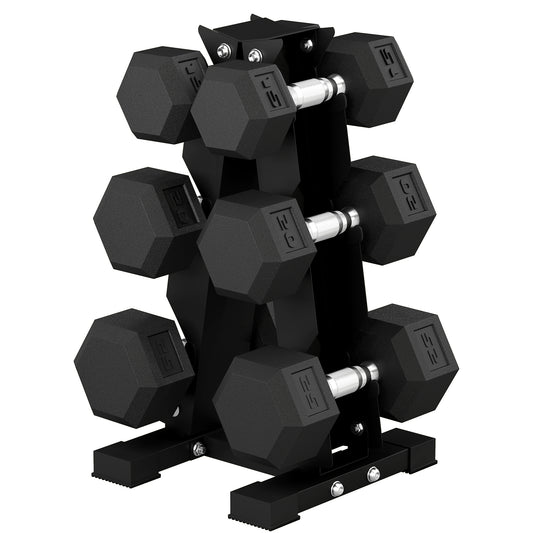 Soozier Hex Dumbbell Weight Set with Vertical Rack, 120lbs Rubber-Coated Dumbbells with Non-Slip Handles