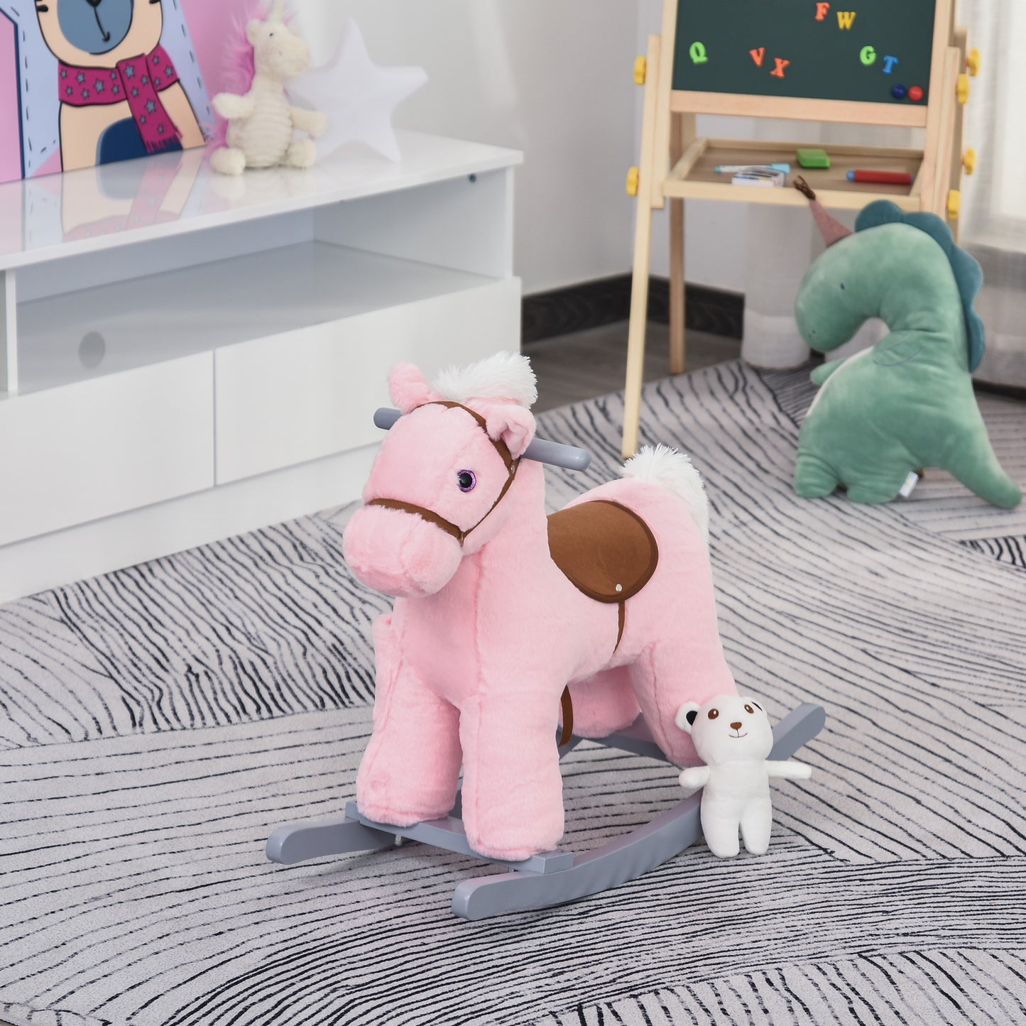 Qaba Kids Rocking Horse Plush Animal on Wooden Rockers with Sounds, Wooden Base and Bear Toy, Baby Rocking Chair, Pink