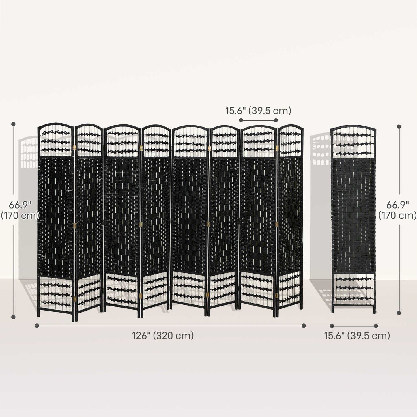 8 Panel Folding Room Divider, Portable Privacy Screen, Wave Fiber Room Partition for Home Office, Black