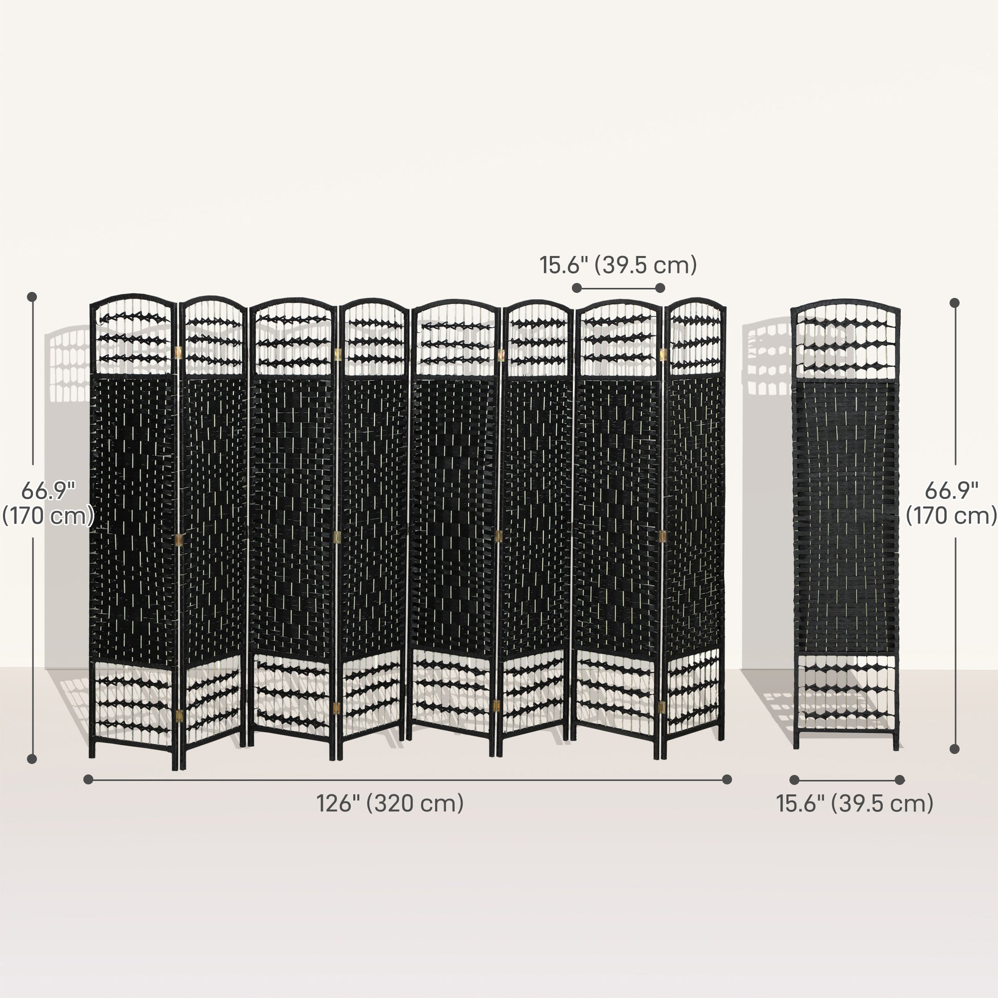 8 Panel Folding Room Divider, Portable Privacy Screen, Wave Fiber Room Partition for Home Office, Black