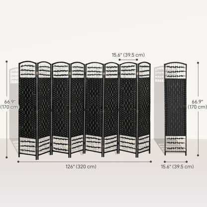 8 Panel Folding Room Divider, Portable Privacy Screen, Wave Fiber Room Partition for Home Office, Black