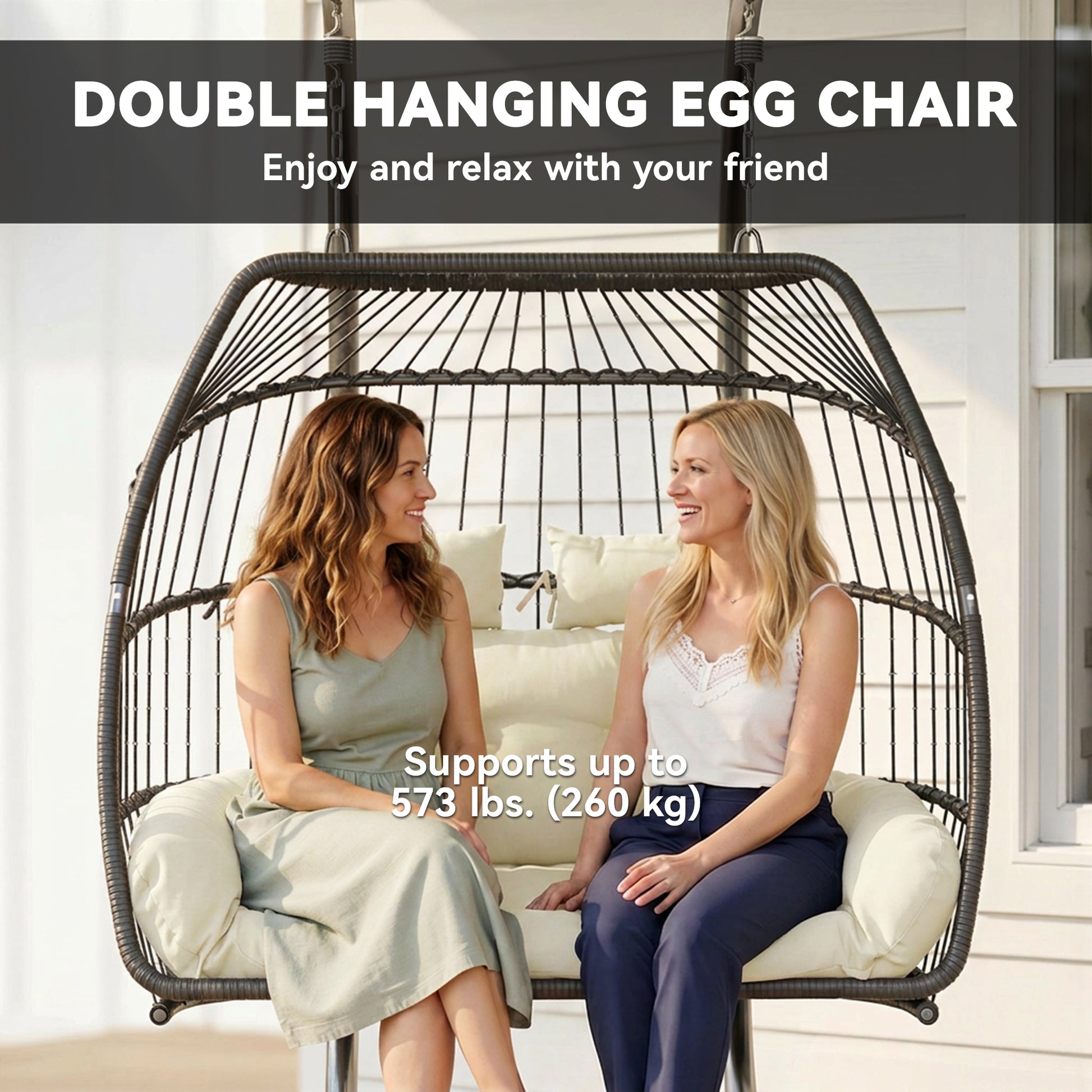 Double Wicker Egg Swing Chair with Stand, Foldable Hanging Egg Chair with UV Resistant Cushion, Headrest, Cream White