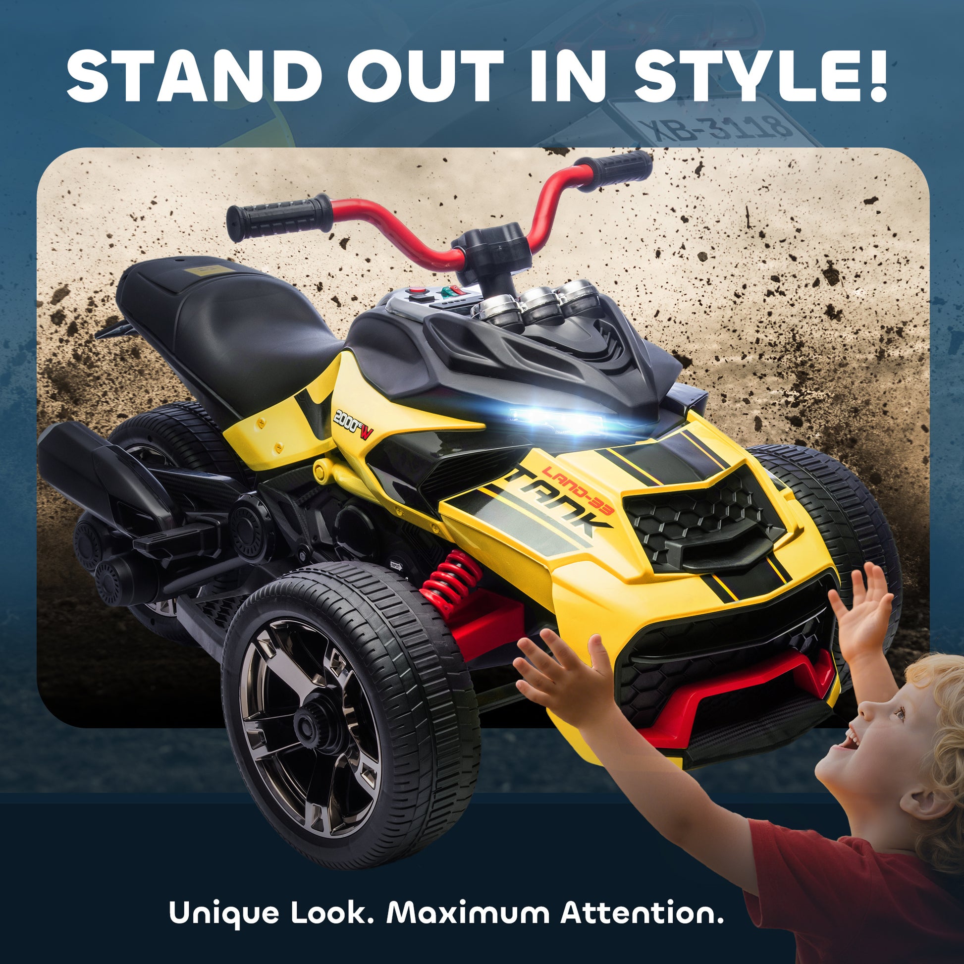 Qaba 12V Kids Ride On ATV with MP3 Player, Music, Horn, 2 Speeds, LED Lights, Gift for Boys & Girls, Yellow