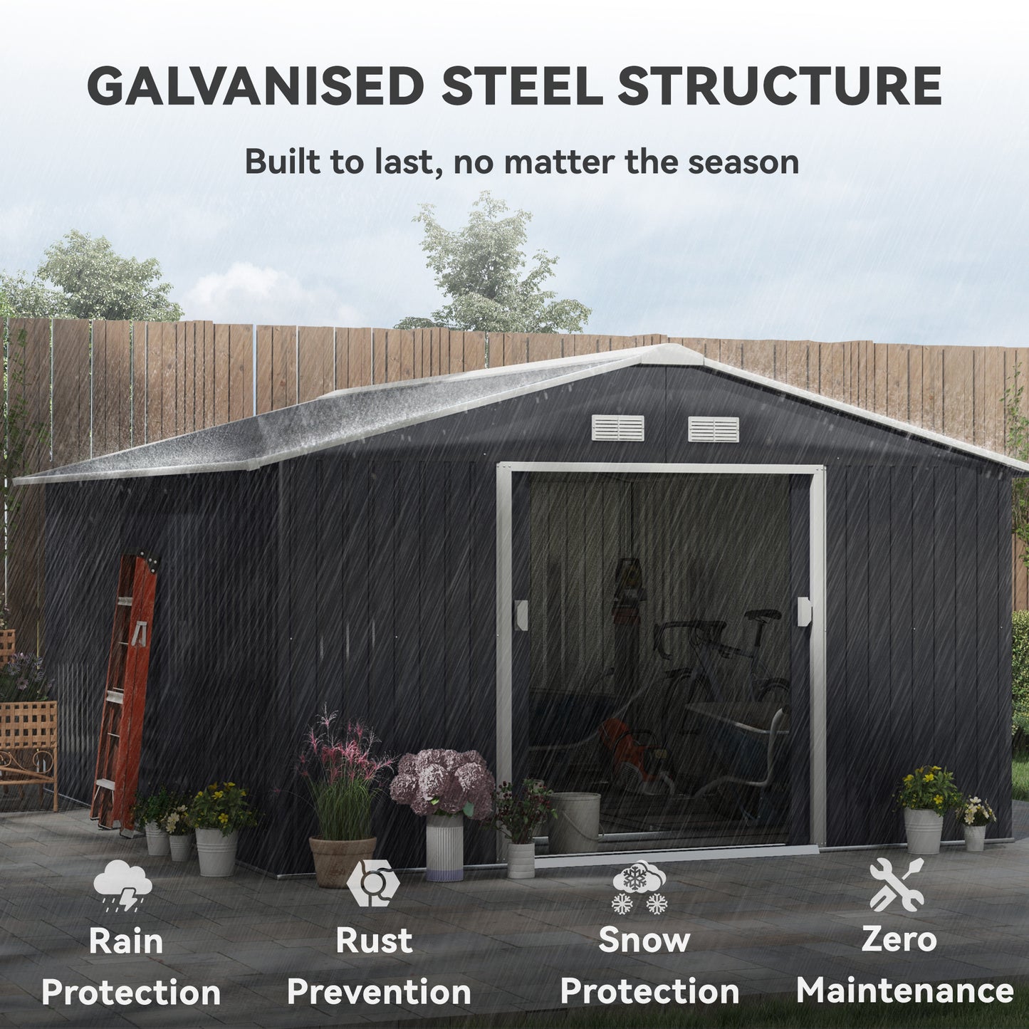 11.2ft x 12.5ft Practical Backyard Garden Storage Tool Shed 4 Ventilation Slots Double Sliding Door, Grey