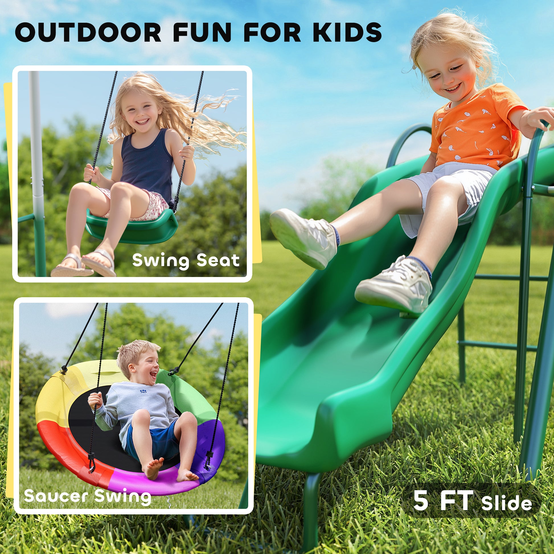 Qaba Metal Swing Set with Slide, Saucer Swing Seat, Heavy Duty A-Frame Stand and Adjustable Rope for Backyard, Dark Gree