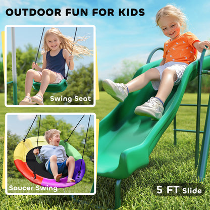 Qaba Metal Swing Set with Slide, Saucer Swing Seat, Heavy Duty A-Frame Stand and Adjustable Rope for Backyard, Dark Gree