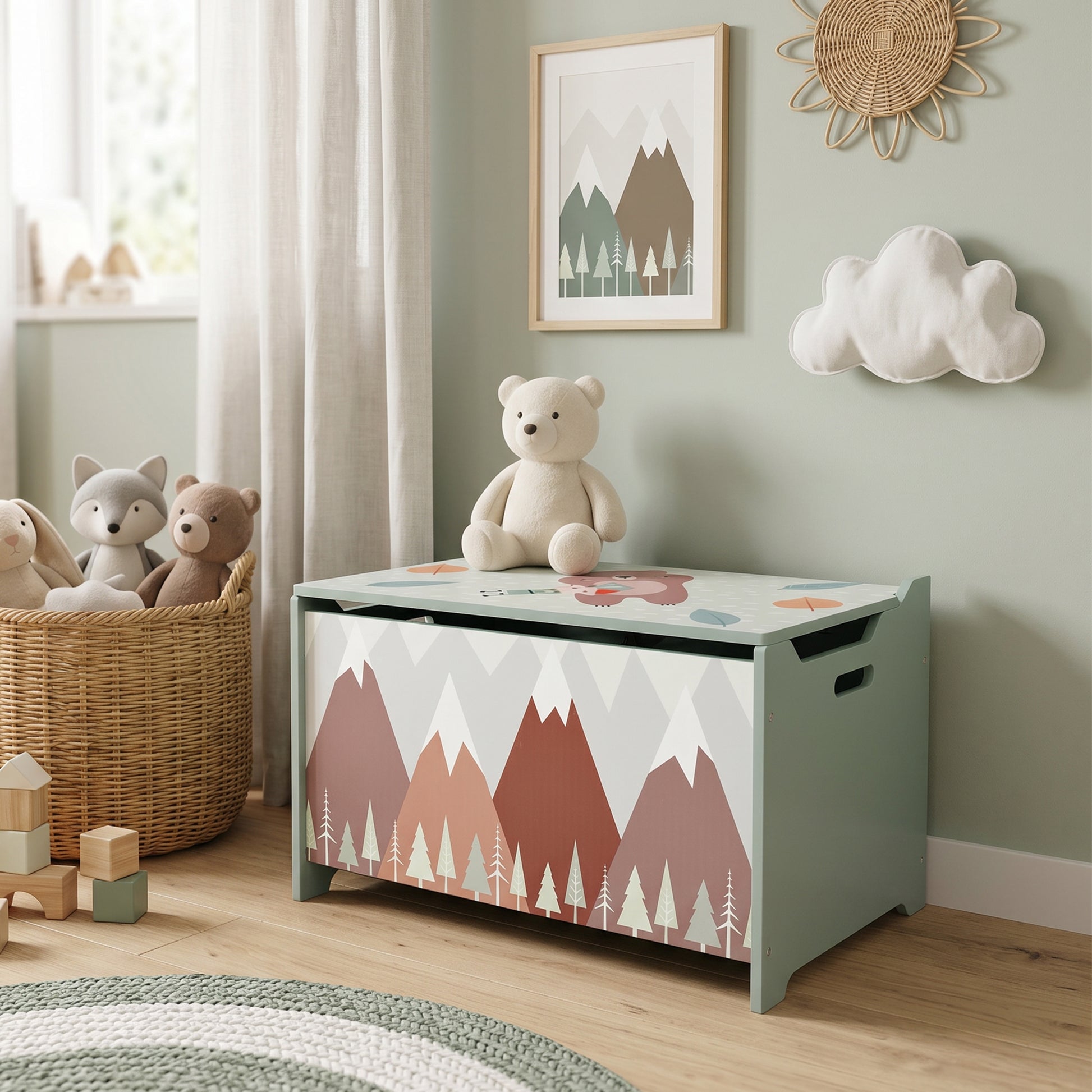 Qaba Toy Box, Kids Storage Chest with Lid, Safety Hinges and Groove Handles, Toy Storage Organizer with Mountain Pattern