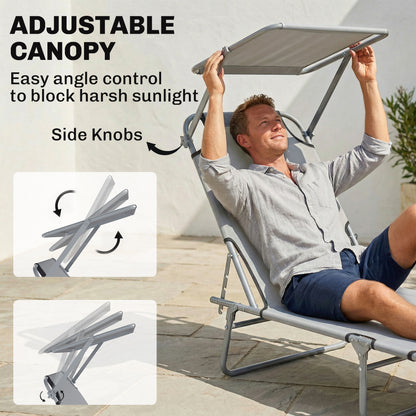Outdoor Lounge Chair, Adjustable Folding Chaise Lounge, Tanning Chair with Sun Shade for Beach, Camping, Hiking, Backyar