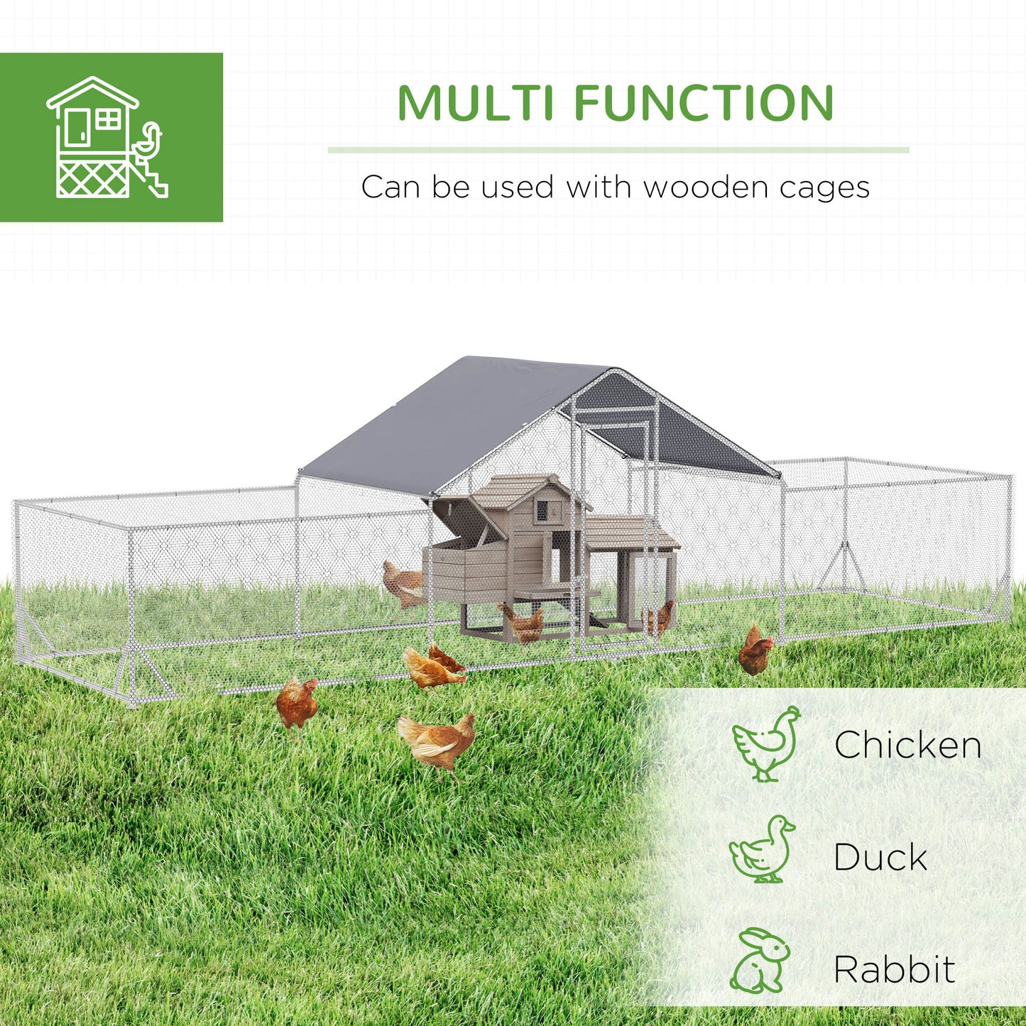 Chicken Run, 23' x 6.6' Metal Chicken Coop with Waterproof and Anti-UV Cover, Spire Roof, Door, for 12-14 Chickens, Duck