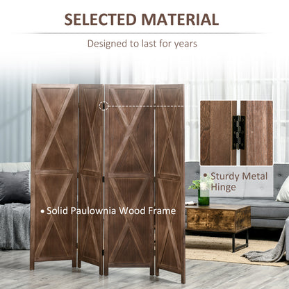 4-panel Wall Partition Farmhouse Room Separator with Foldable Design Wooden Frame 5.6FT, Walnut