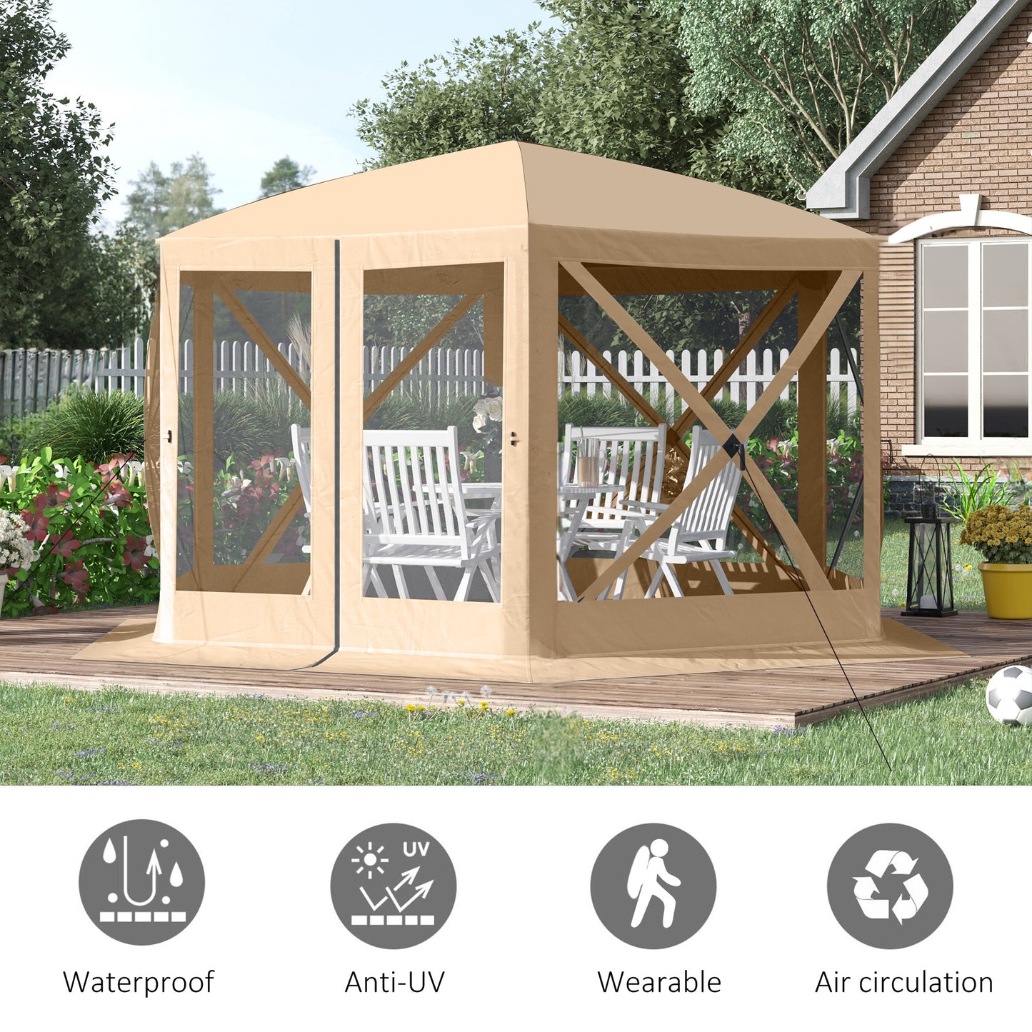 12' x 12' Hexagon Automatic Pop Up Screen Tents Camping Shelter Picnic Canopy Outdoor Sun Shade w/ Mesh Sidewalls and Ca