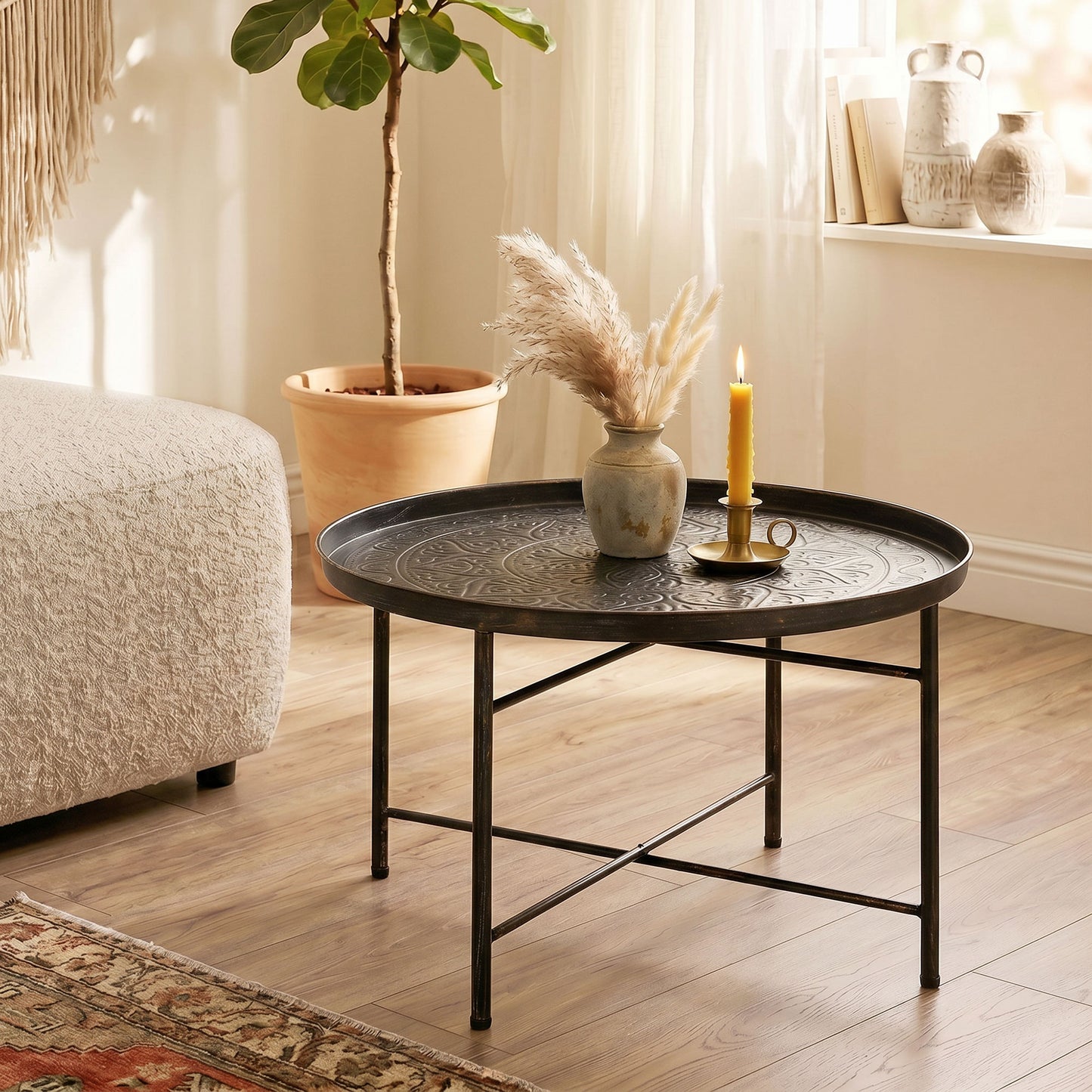 Vintage Coffee Table for Living Room, 24" Round Center Table with Hammered Tray Top and Metal Frame, Pewter
