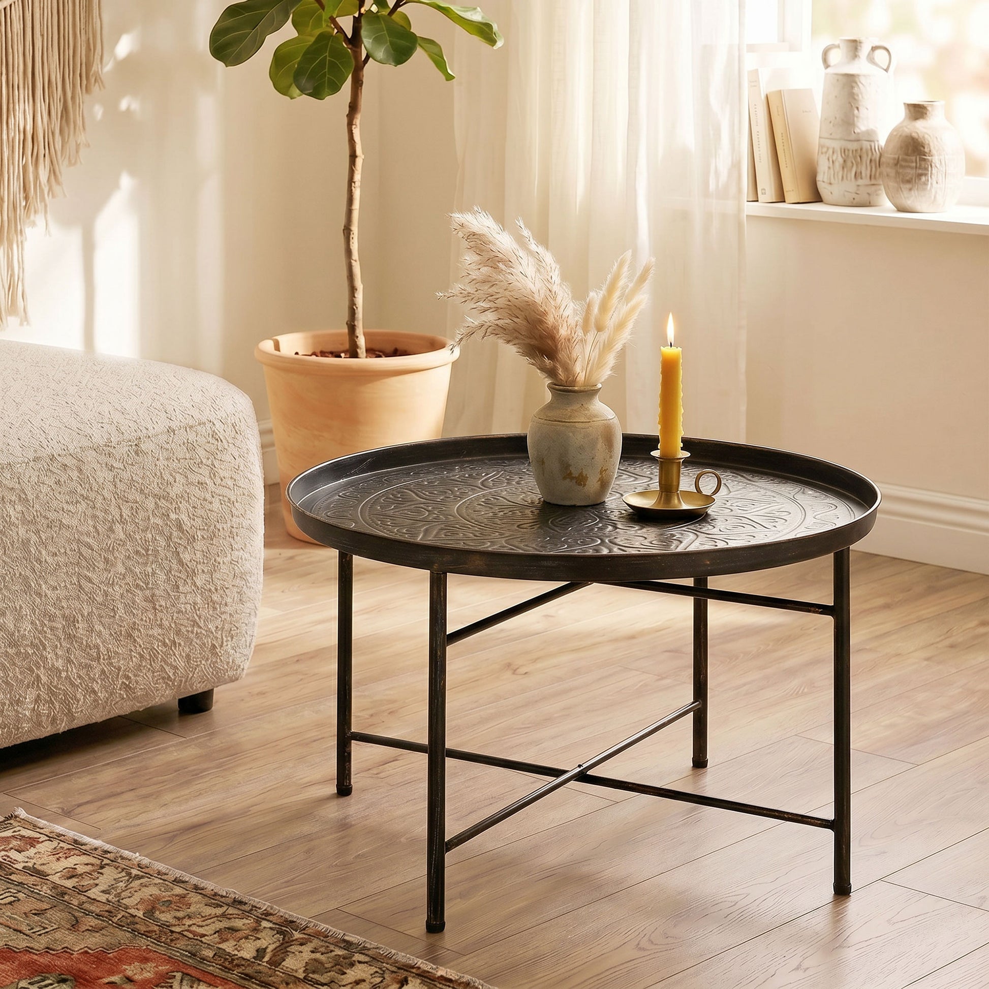 Vintage Coffee Table for Living Room, 24" Round Center Table with Hammered Tray Top and Metal Frame, Pewter