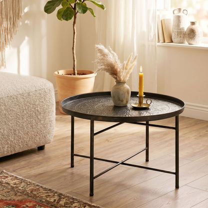 Vintage Coffee Table for Living Room, 24" Round Center Table with Hammered Tray Top and Metal Frame, Pewter