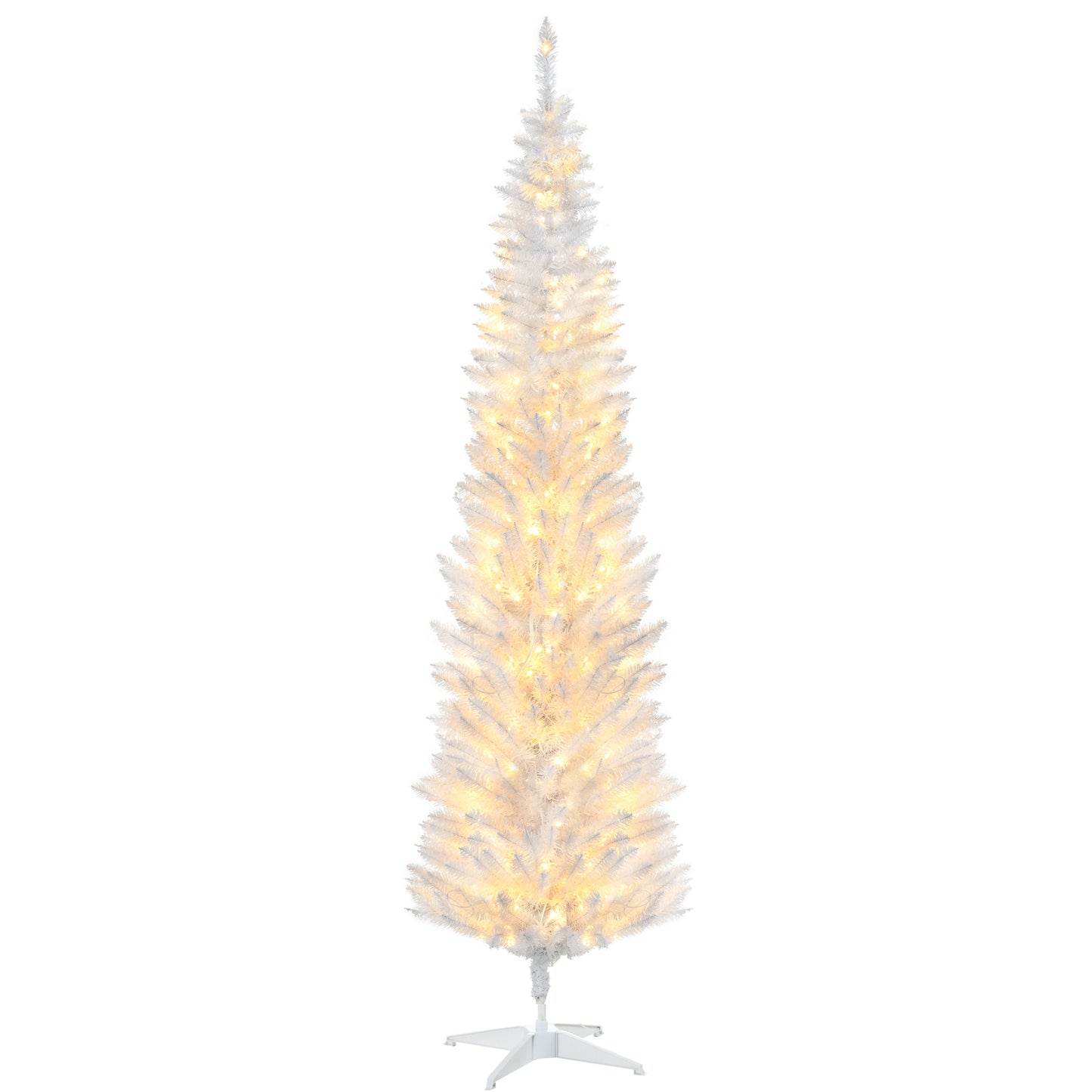 7' Pre Lit Artificial Pencil Christmas Trees, Xmas Tree with Realistic Branches and Warm White LED Lights, White