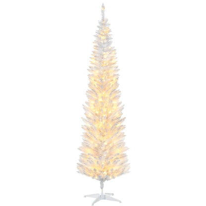 7' Pre Lit Artificial Pencil Christmas Trees, Xmas Tree with Realistic Branches and Warm White LED Lights, White