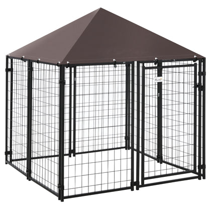 Outdoor Dog Kennel, Welded Wire Steel Fence, Lockable Pet Playpen Crate, with Water-, UV-Resistant Canopy Top, Door, 4.6
