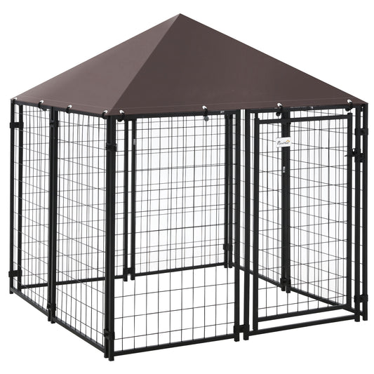 Outdoor Dog Kennel, Welded Wire Steel Fence, Lockable Pet Playpen Crate, with Water-, UV-Resistant Canopy Top, Door, 4.6