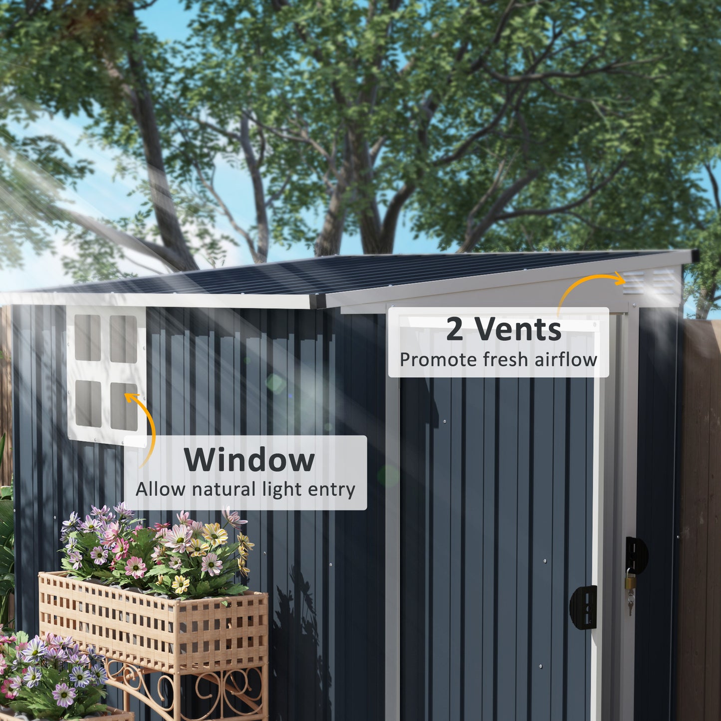 4' x 6' Outdoor Storage Shed, Metal Garden Shed with Window, 2 Vents and Lockable Door for Backyard, Garden, Patio