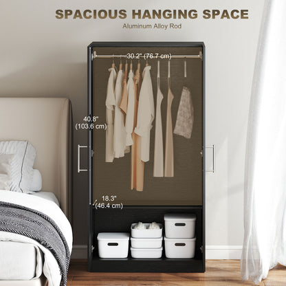 Wardrobe Cabinet with 2 Doors and Hanging Rod, Modern Armoire Wardrobe Closet for Bedroom, Black Wood Effect