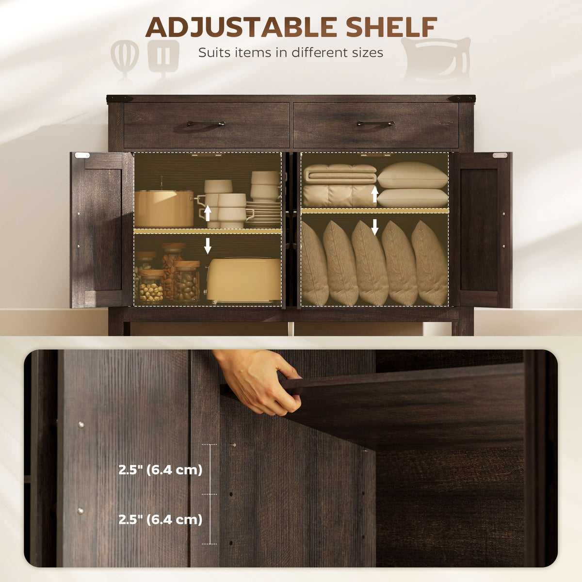 Sideboard Buffet Cabinet, Farmhouse Kitchen Storage Cabinet w/ 2 Drawers and Shelves for Living Room, Entryway