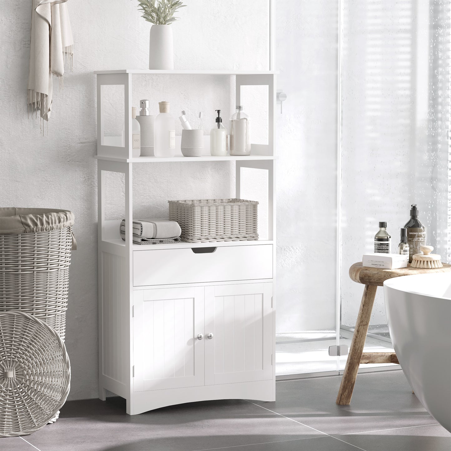 Bathroom Floor Cabinet, Free Standing Kitchen Cabinet with Shelves, Drawer and Doors, for Living Room, White