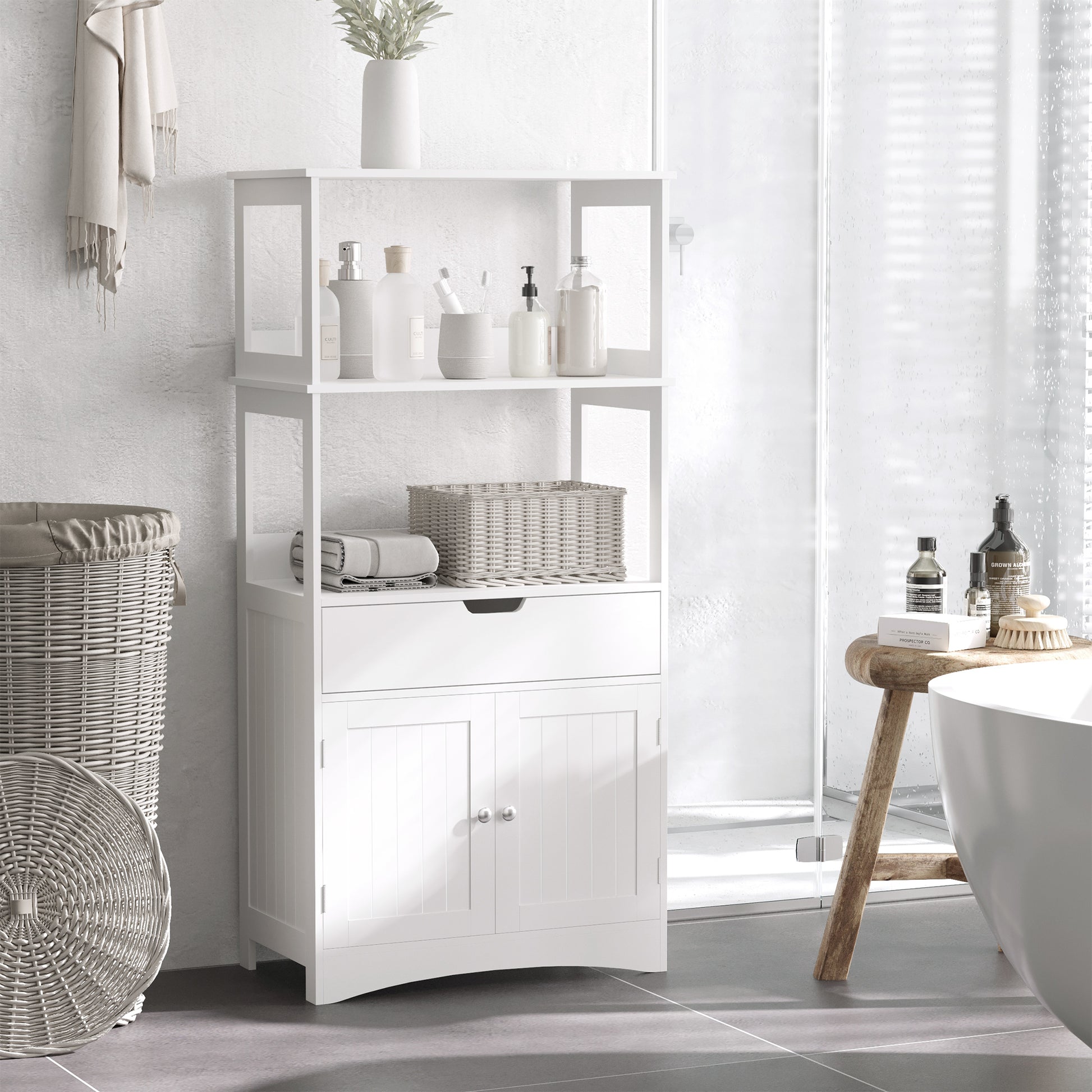 Bathroom Floor Cabinet, Free Standing Kitchen Cabinet with Shelves, Drawer and Doors, for Living Room, White