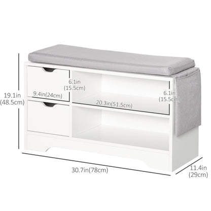 Upholstered Shoe Storage Bench w/ Seat, Entrance Bench w/ Drawer Open Shelves and Pocket for Hallway, White
