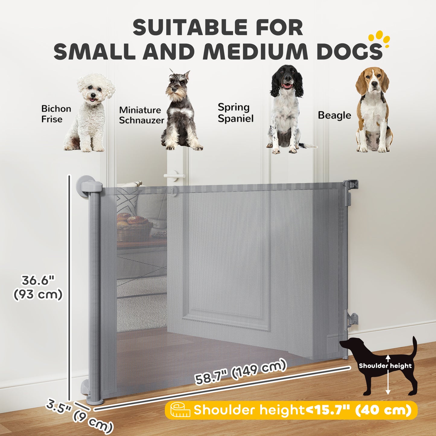 Retractable Dog Gate, 36.6" Tall,  Extends to 55" Wide, Mesh Pet Gate with Single Hand Operation, for Stairs, Doorways