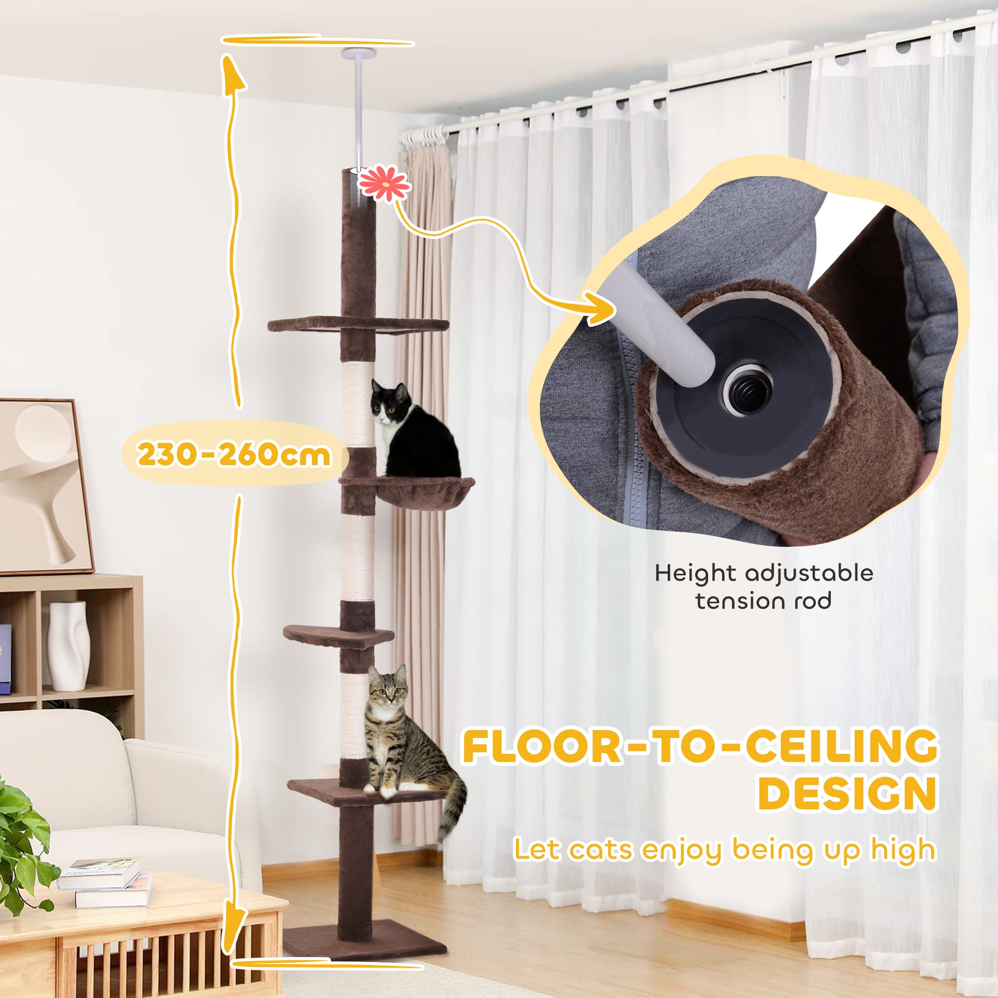 8.5ft Cat Climbing Tree 5-Tier Kitty Activity Center with Scratching Post Brown and White