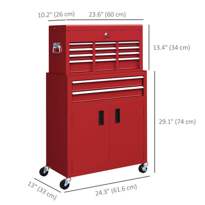 6-Drawer Rolling Tool Chest, 2 in 1 Lockable Storage Cabinet with Hooks, Metal Tool Box for Garage, Workshop, Red