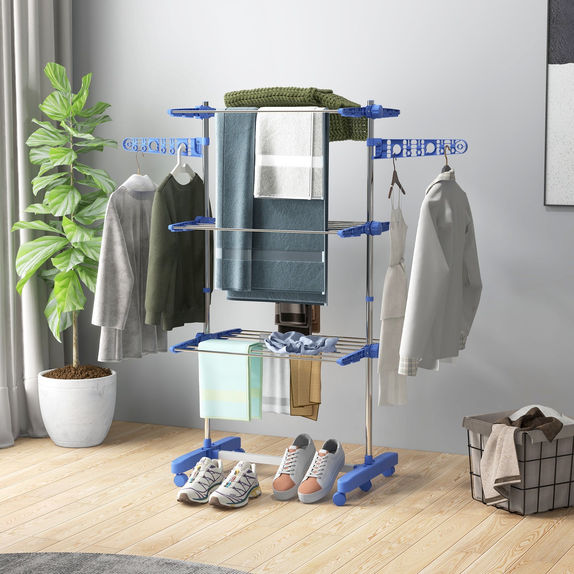 3-Tier Foldable Clothes Drying Rack, Stainless Steel Laundry Rack with 2 Side Wings and 6 Castors, Collapsible Adjustabl