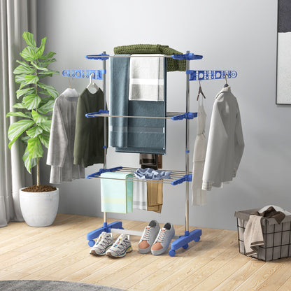 3-Tier Foldable Clothes Drying Rack, Stainless Steel Laundry Rack with 2 Side Wings and 6 Castors, Collapsible Adjustabl