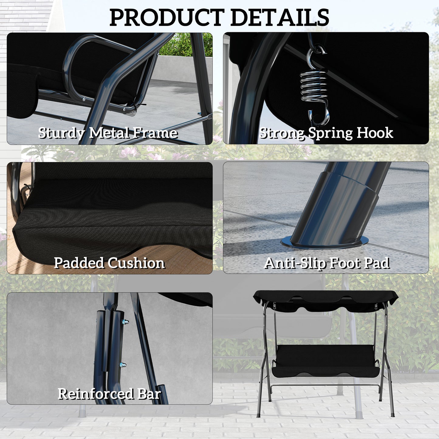 Outdoor Porch Swing with Adjustable Canopy, 3-Seater Patio Swing Chair with Cushion, Black