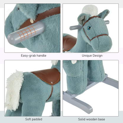 Qaba Kids Rocking Horse Plush Animal on Wooden Rockers with Sounds, Wooden Base and Bear Toy, Baby Rocking Chair, Blue