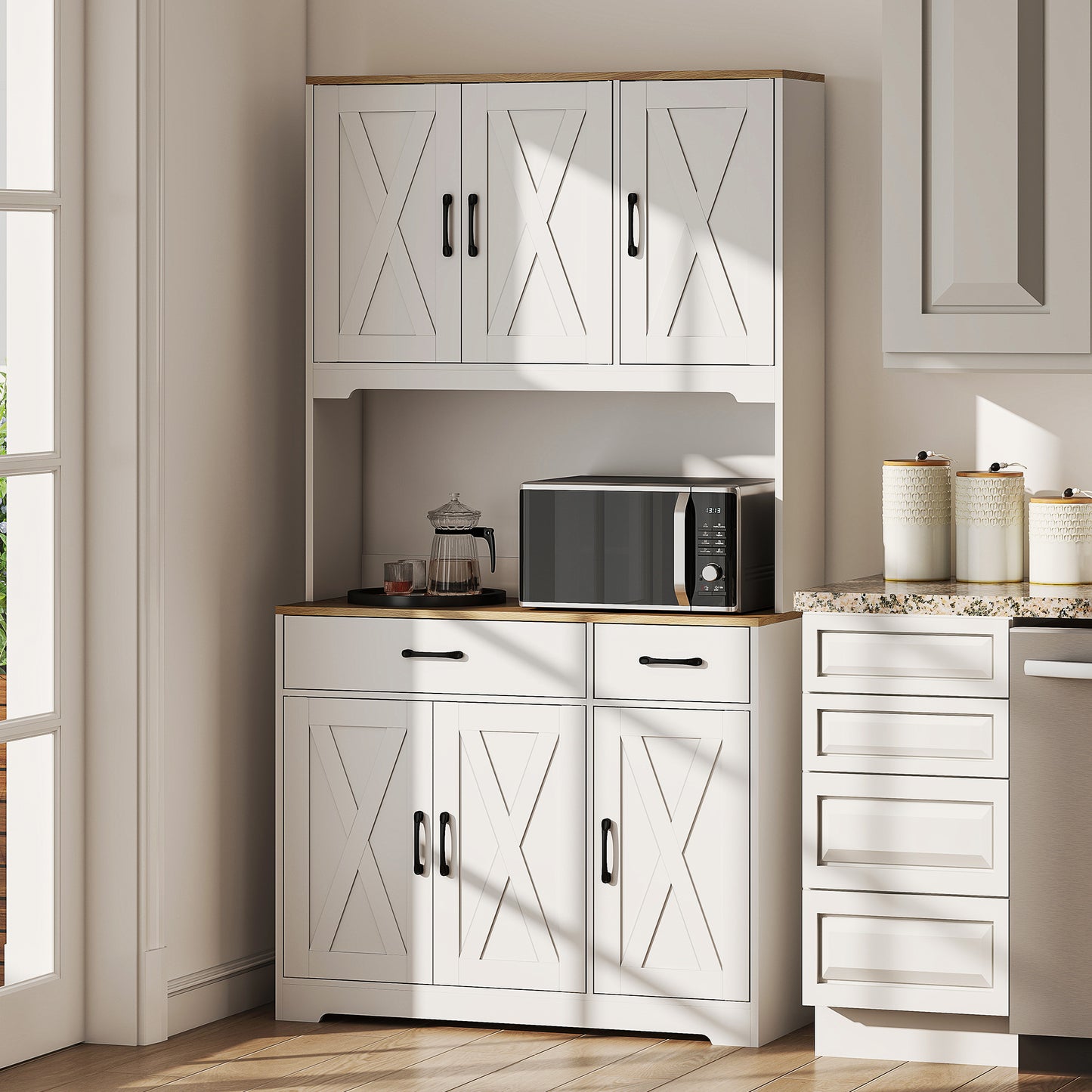 Tall Kitchen Pantry, 6 Doors, 2 Drawers, Adjustable Shelves & Worktop, Rustic Storage Cabinet for Living Room White