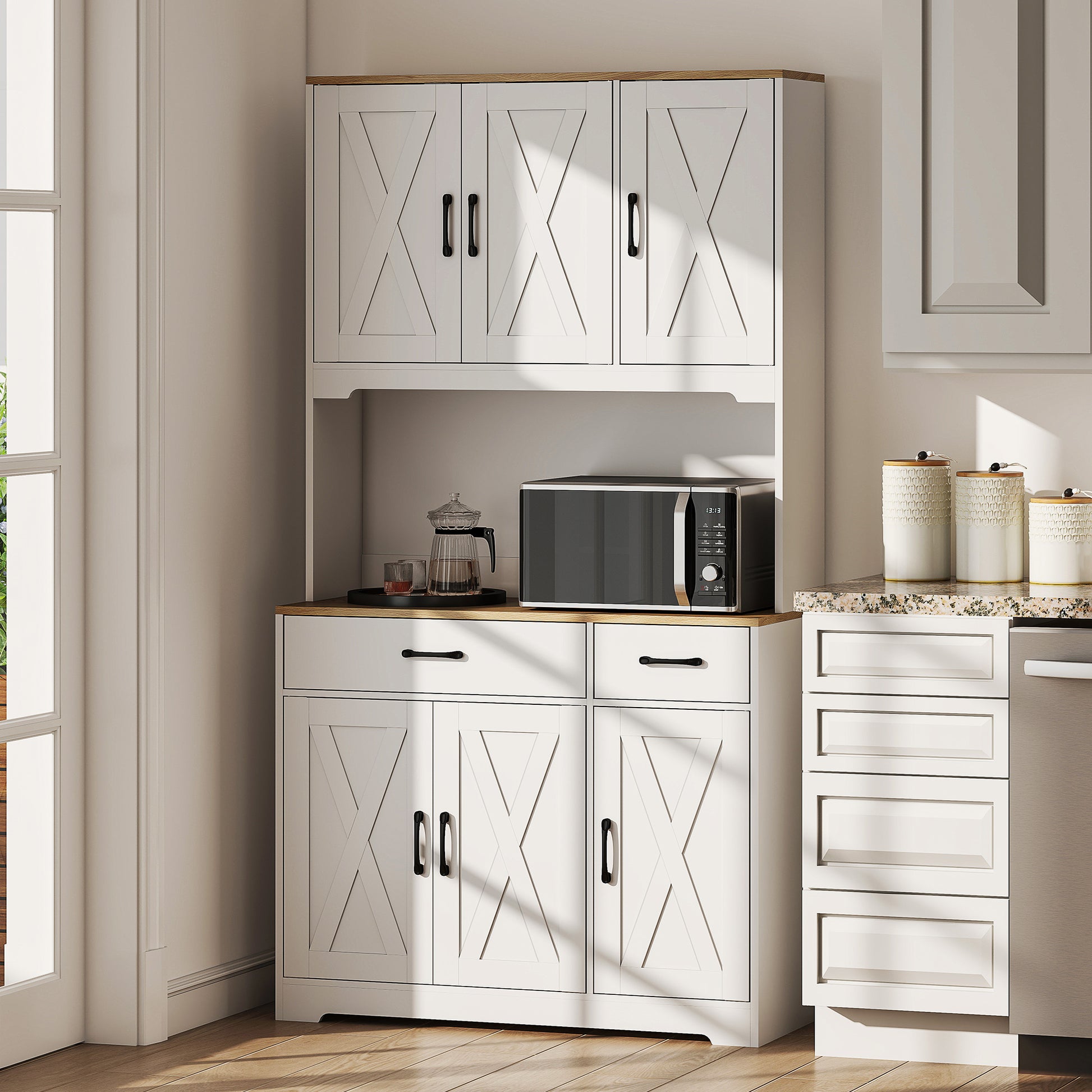 Tall Kitchen Pantry, 6 Doors, 2 Drawers, Adjustable Shelves & Worktop, Rustic Storage Cabinet for Living Room White