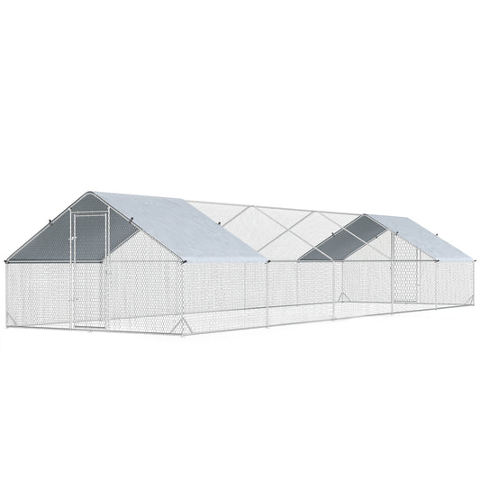 Metal Chicken Coop with Water- and UV-Protection Cover for Backyard Hen, Duck, Rabbit, 32.8' x 9.8' x 6.4'