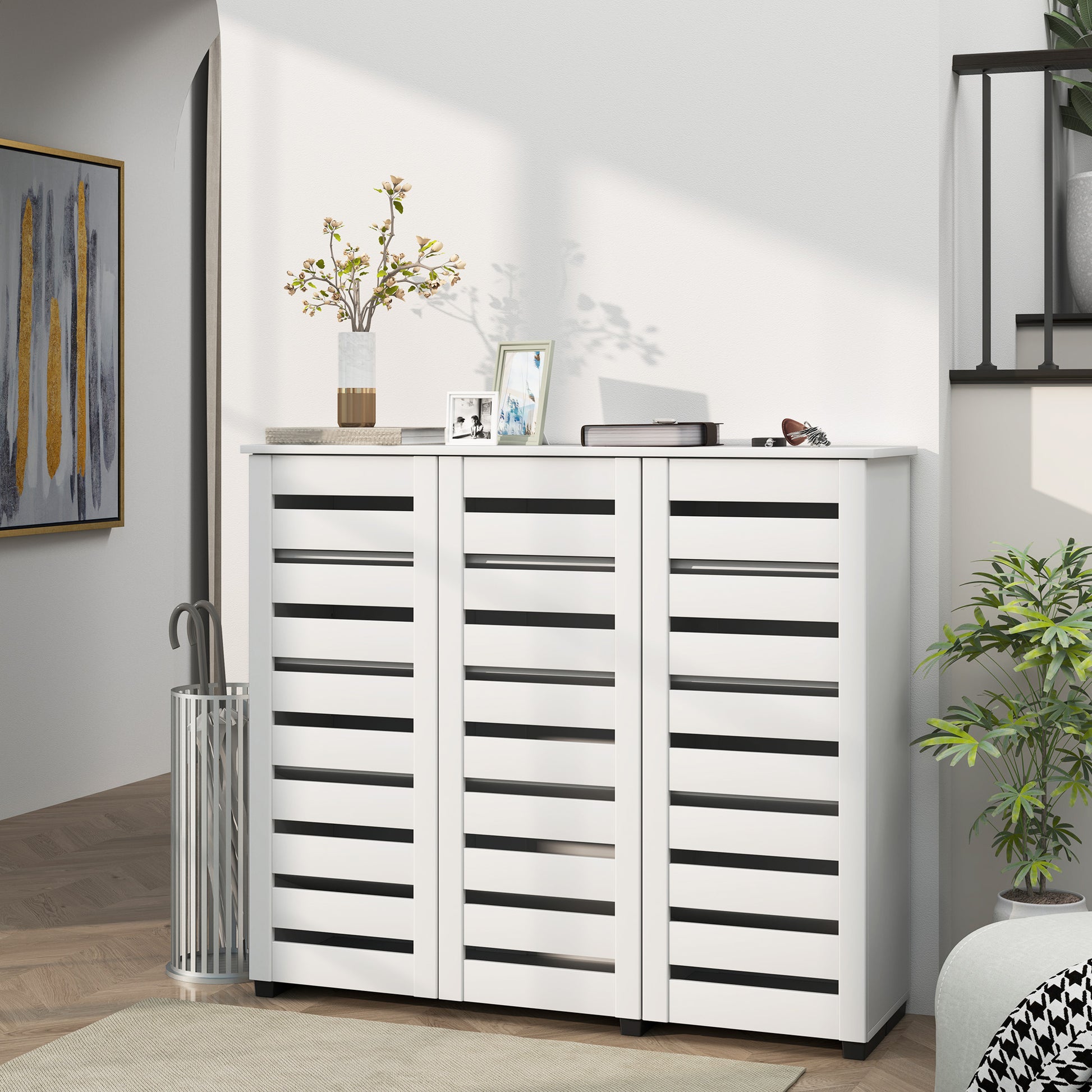 Narrow Shoe Cabinet with Slatted Doors, Adjustable Shelves for 20 Pairs of Shoes, Shoe Cabinet for Entryway, White