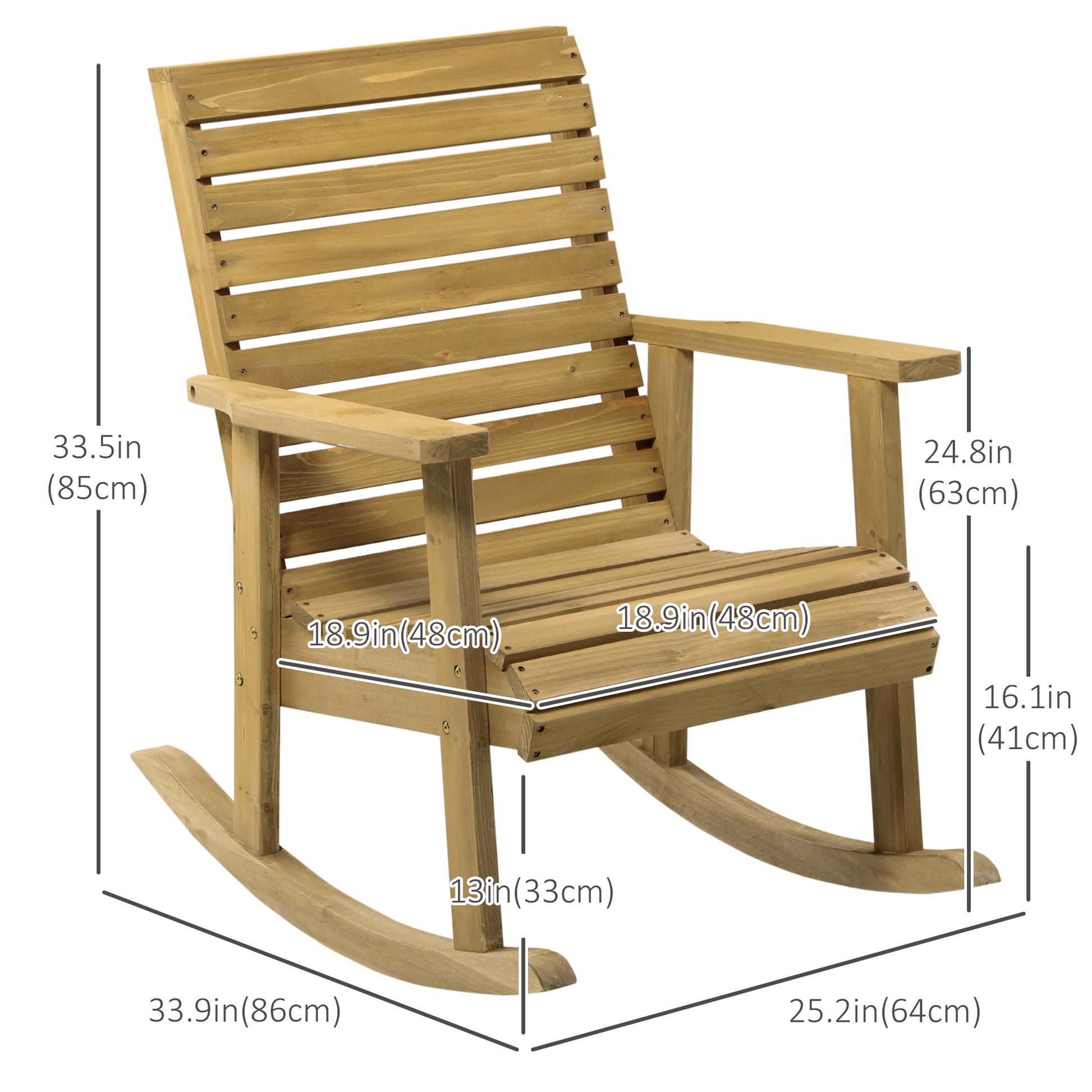 Wooden Outdoor Rocking Chair, Patio Traditional Rocking Chair, Slatted Structure Porch Rocker w/ Armrest for Both Outdoo
