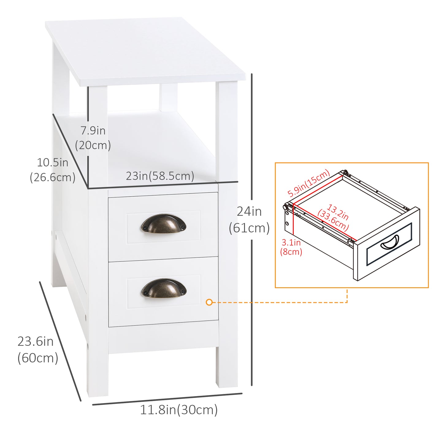 Slim End Table with 2 Drawers and Storage Shelf, Sofa Side Table for Living Room, Narrow Nightstand, White