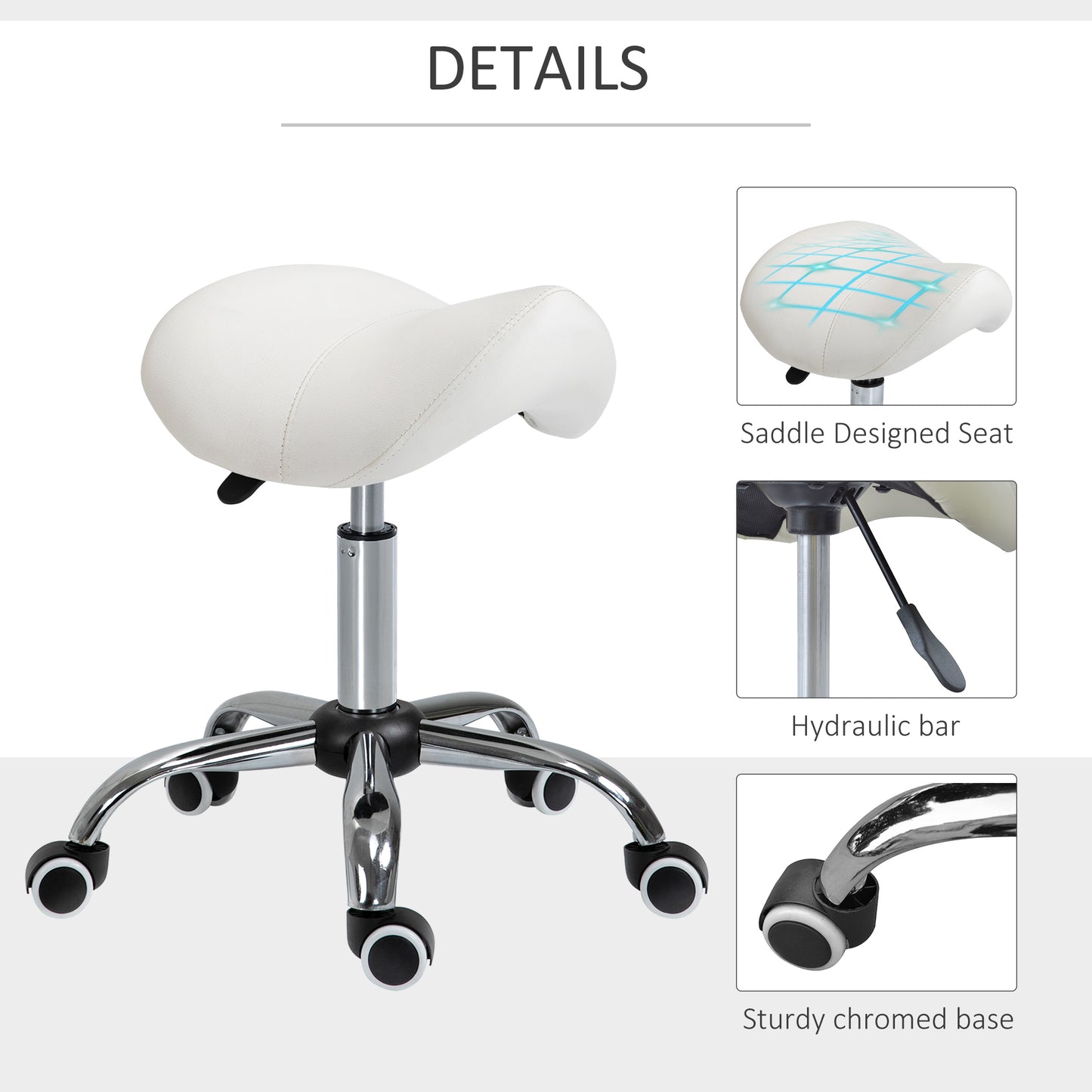 Ergonomic Saddle Stool with Wheels, Adjustable PU Leather Saddle Chair, 360° Swivel, No Back Pain, Healthy Posture, Salo