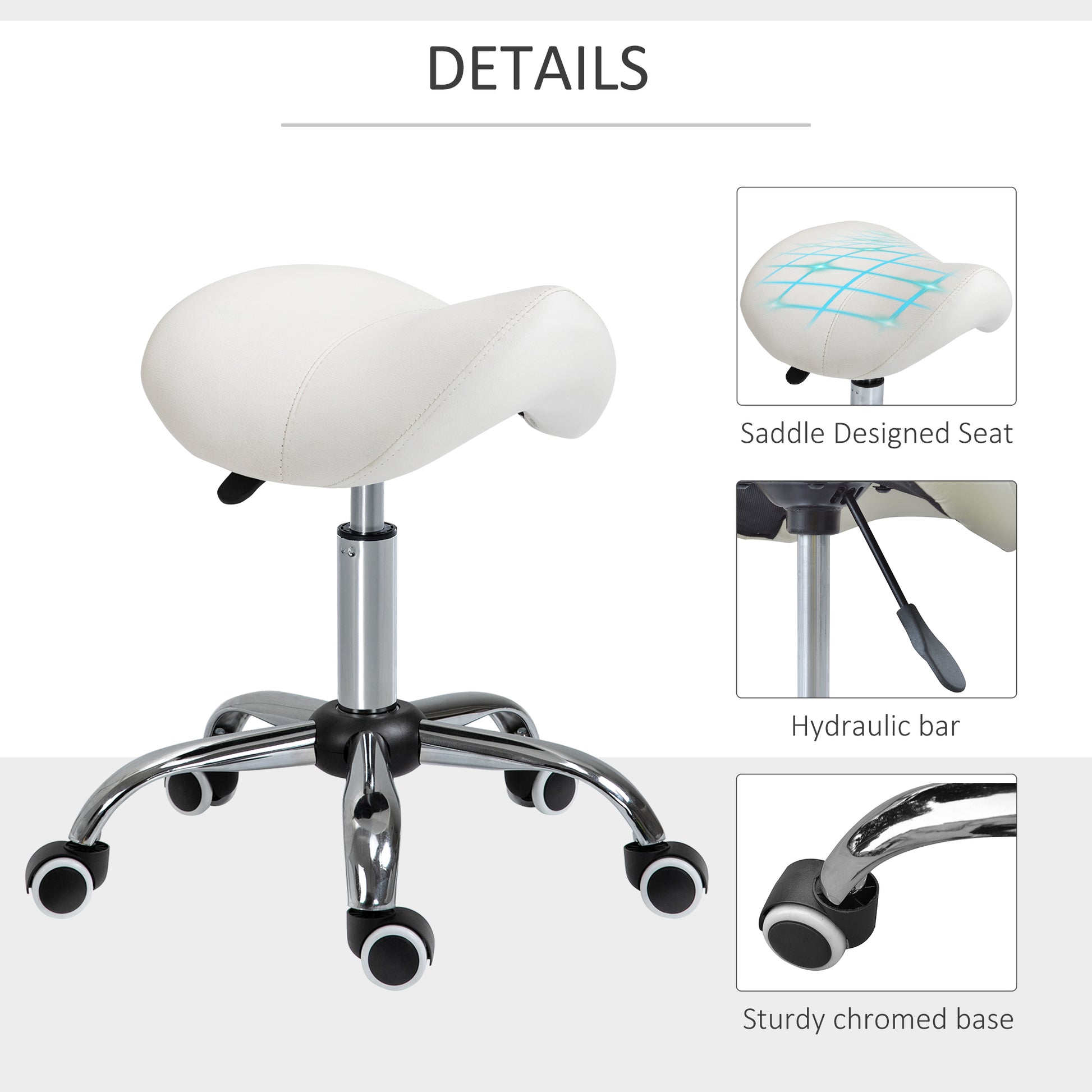 Ergonomic Saddle Stool with Wheels, Adjustable PU Leather Saddle Chair, 360° Swivel, No Back Pain, Healthy Posture, Salo