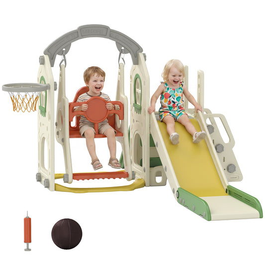 Qaba 6-in-1 Toddler Slide and Swing Set with Adjustable Swing Seat, Ladder, Climbing Wall, Basketball Hoop for Indoor Ou